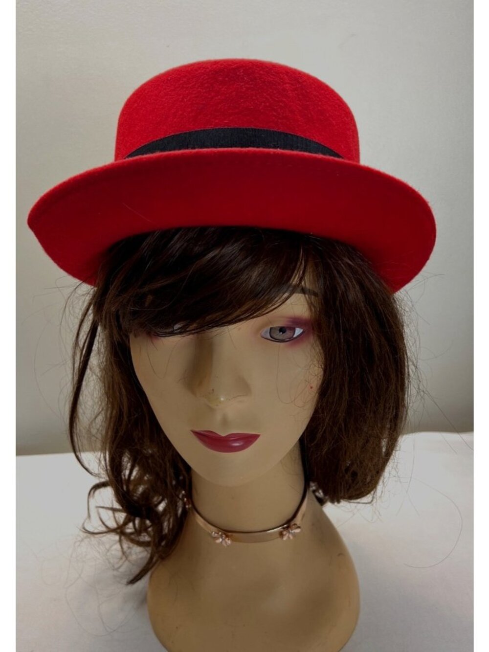 Vintage Liz Claiborne Red Wool Dress Hat Black Ribbon USA 1980s 1990s